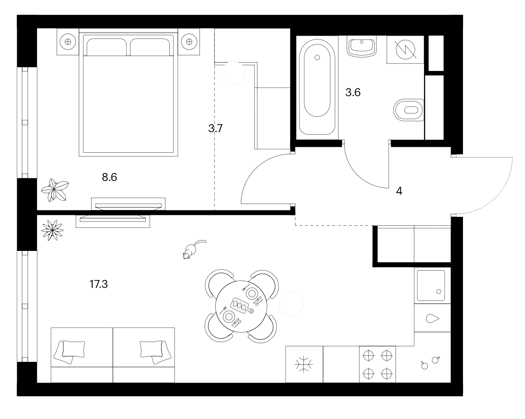 Планировка: 1-комнатная квартира 37,2 м² в ЖК «Москворечье»
