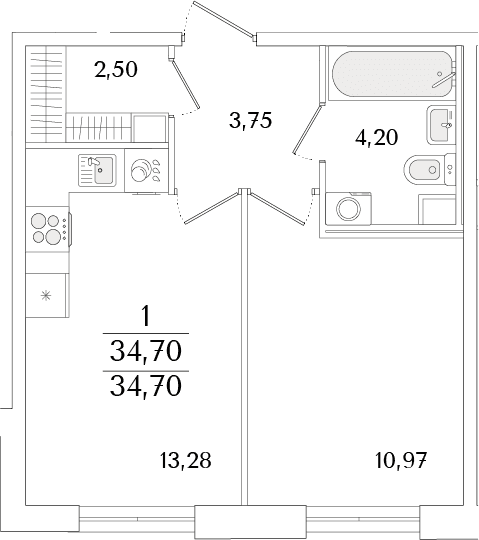 Планировка: Евродвушка 34,7 м² в ЖК «Кинопарк»