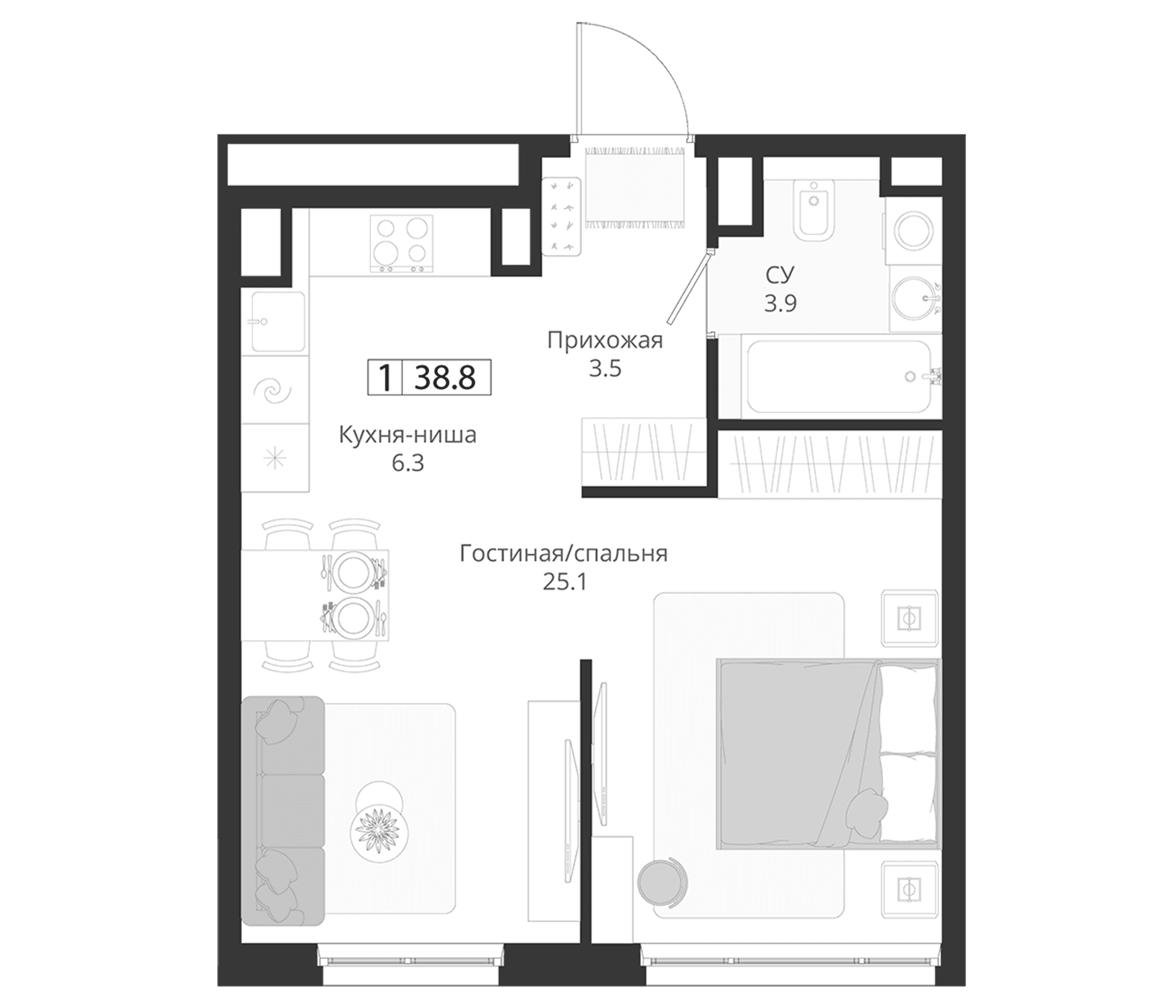 Планировка: Студия 38,8 м² в ЖК «ГРЭЙ»