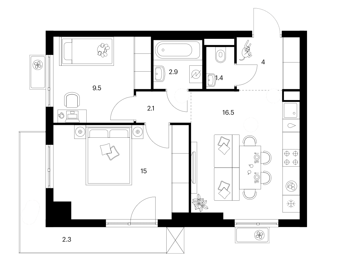 Планировка: 2-комнатная квартира 51,4 м² в ЖК «Белая Дача парк»