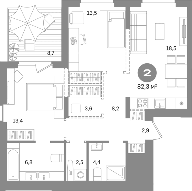 Планировка: 2-комнатная квартира 73,6 м² в ЖК «Первый квартал. Вторая очередь»