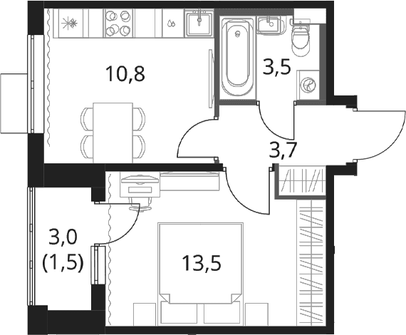 Планировка: 1-комнатная квартира 31,5 м² в ЖК «1-й Шереметьевский»