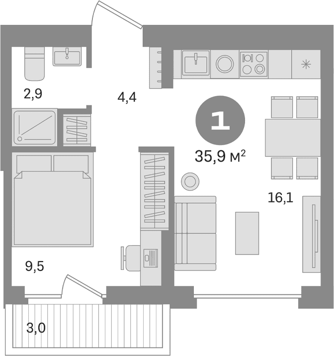 Планировка: 1-комнатная квартира 32,9 м² в ЖК «Первый квартал. Вторая очередь»