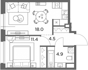 Планировка: 1-комнатная квартира 38,8 м² в ЖК «Станиславский»