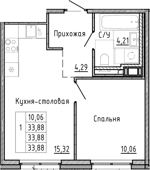 Планировка: Евродвушка 33,9 м² в ЖК «ОКЛА»