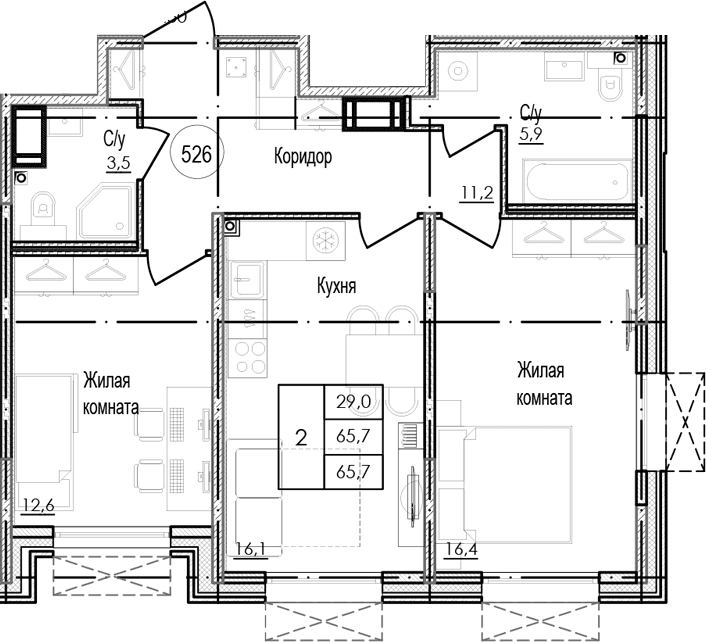 Планировка: Евротрёшка 65,7 м² в ЖК «Парусная 1»