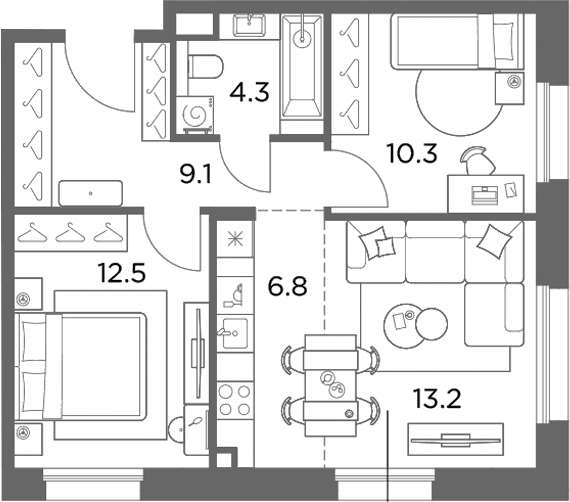 Планировка: Евротрёшка 56,2 м² в ЖК «Станиславский»