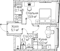 Планировка: 1-комнатная квартира 36,3 м² в ЖК «СЕЗАР БУДУЩЕЕ»
