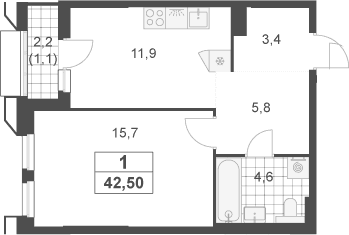Планировка: 1-комнатная квартира 41,4 м² в ЖК «Южные сады»