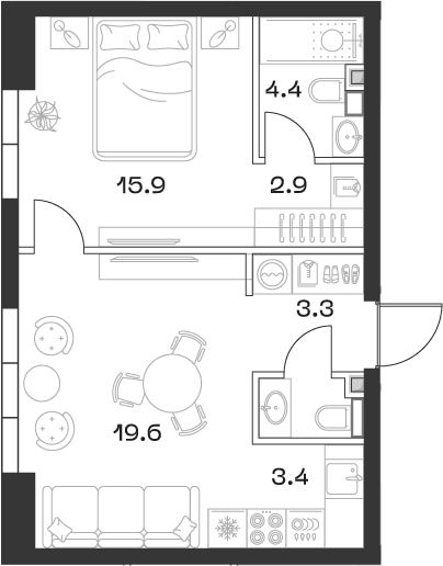 Планировка: Евродвушка 51,7 м² в ЖК «SHIFT»