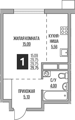 Планировка: Студия 29,8 м² в ЖК «Гранель Притяжение Сити»