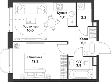 Планировка: Евродвушка 39,4 м² в ЖК «АЛИА»