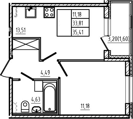 Планировка: 1-комнатная квартира 33,8 м² в ЖК «Новая история»