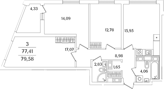 Планировка: 3-комнатная квартира 76,3 м² в ЖК «Лайнеръ»