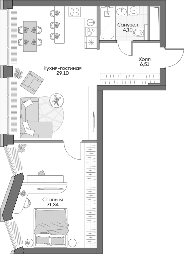 Планировка: Евродвушка 58,8 м² в ЖК «Инсайдер»