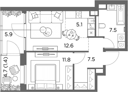 Планировка: Евродвушка 44,5 м² в ЖК «Станиславский»