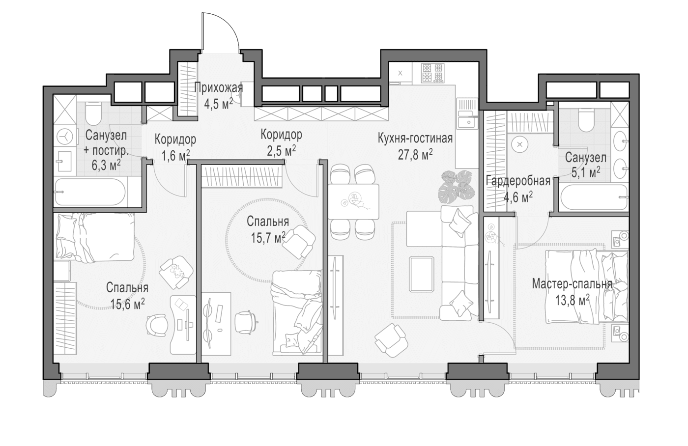 Планировка: Квартира евро-4 97 м² в ЖК «Квартал Тишинский бульвар»