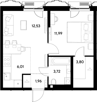 Планировка: Евродвушка 40 м² в ЖК «ЭВО»