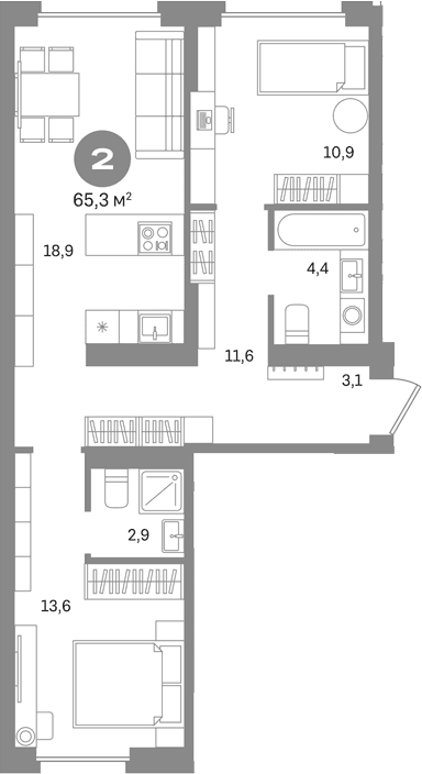 Планировка: 2-комнатная квартира 65,3 м² в ЖК «Первый квартал. Вторая очередь»