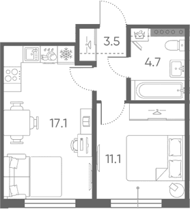 Планировка: Евродвушка 36,4 м² в ЖК «Пулково Лейк»