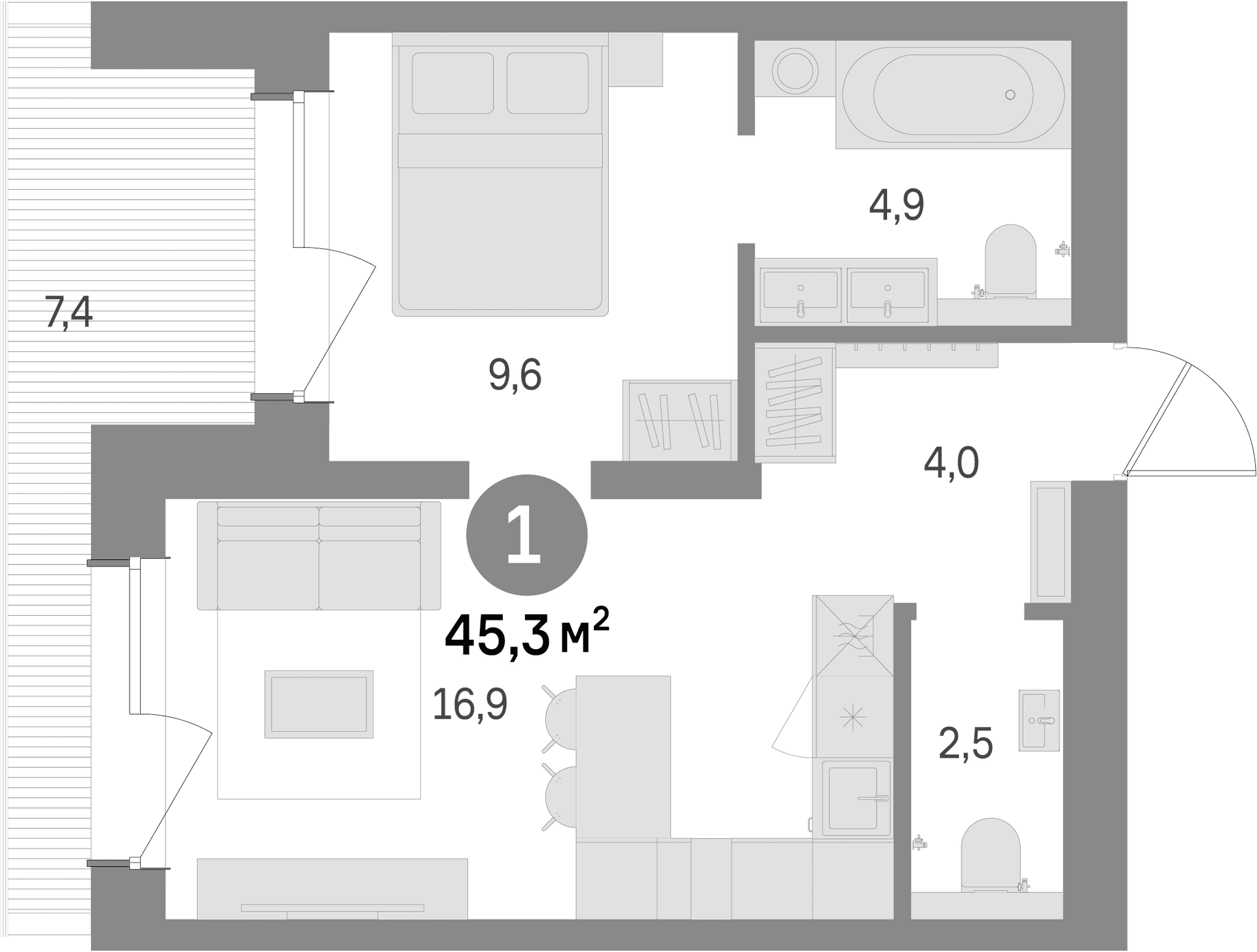 Планировка: 1-комнатная квартира 37,9 м² в ЖК «Северный ветер»