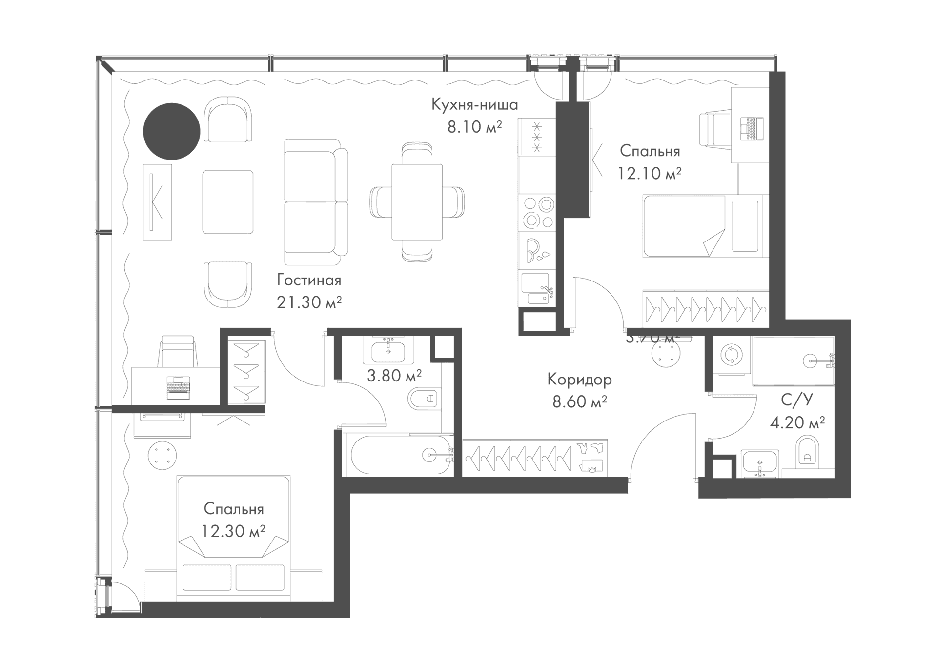 Планировка: Евротрёшка 70,4 м² в ЖК «Слава»