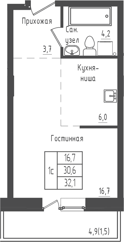 Планировка: Студия 30,6 м² в ЖК «Зеленый город»
