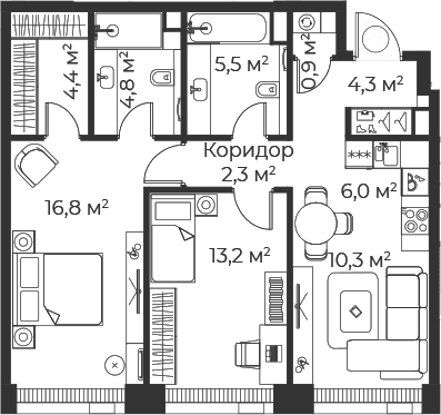 Планировка: Евротрёшка 68,5 м² в ЖК «Веер»