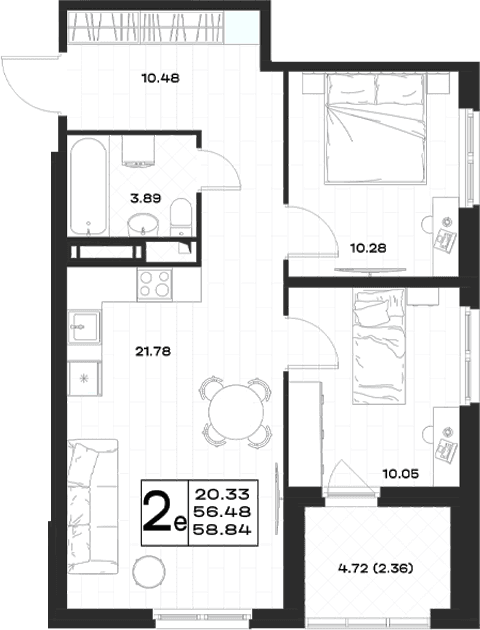 Планировка: Евротрёшка 56,5 м² в ЖК «Имена»