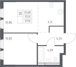 Планировка: Евродвушка 37,1 м² в ЖК «Космический Квартал»