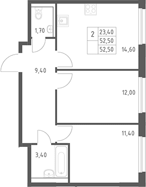 Планировка: 2-комнатная квартира 52,5 м² в ЖК «Химки Парк»