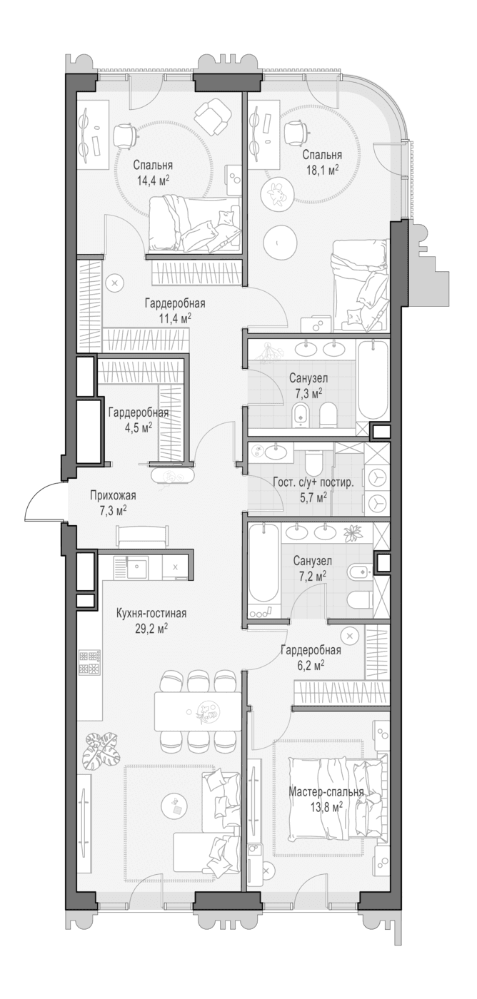 Планировка: Квартира евро-4 124,2 м² в ЖК «Квартал Тишинский бульвар»