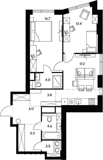 Планировка: Евротрёшка 72,5 м² в ЖК «НЕКСУС от Аквилон»