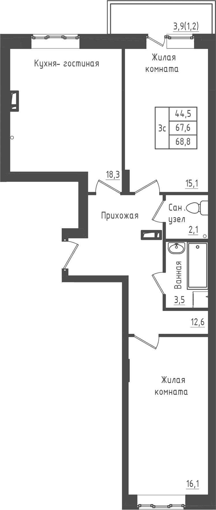 Планировка: 2-комнатная квартира 67,6 м² в ЖК «Зеленый город»