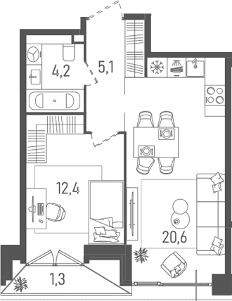 Планировка: Евродвушка 42,3 м² в ЖК «ТАТУМ»