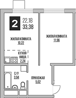 Планировка: Евродвушка 33,4 м² в ЖК «Гранель Аникеевский»