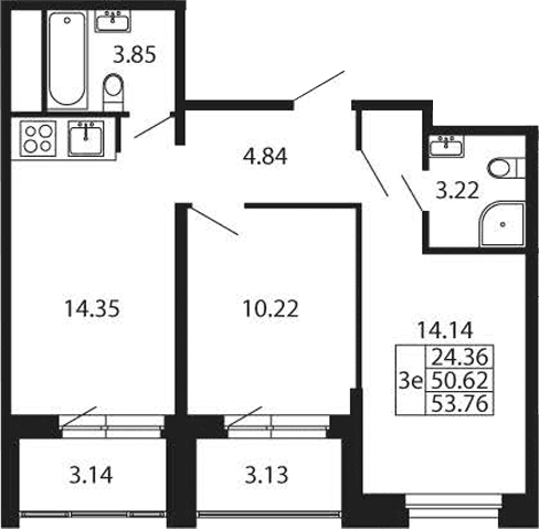 Планировка: Евротрёшка 50,6 м² в ЖК «Полис Новоселье»