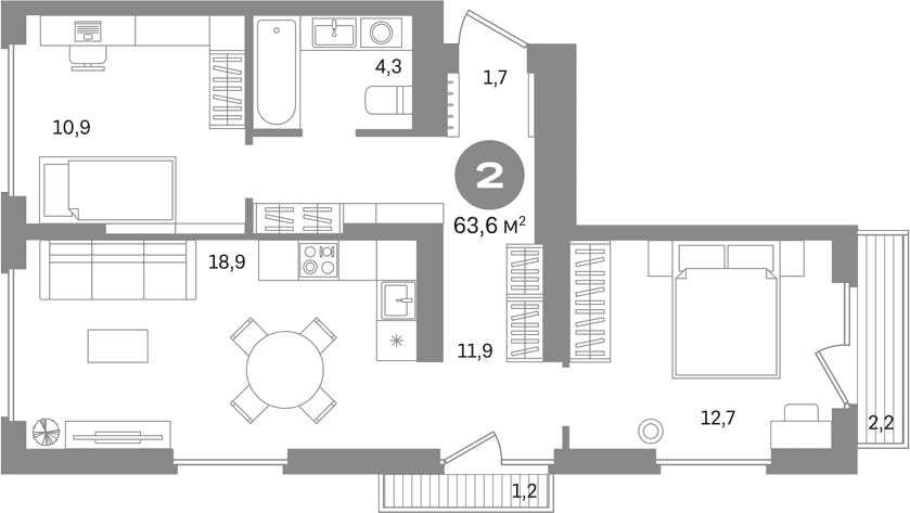 Планировка: 2-комнатная квартира 60,2 м² в ЖК «Первый квартал. Вторая очередь»