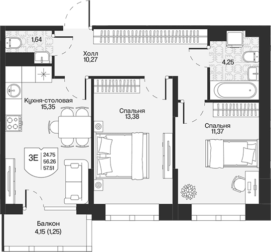 Планировка: Евротрёшка 56,3 м² в ЖК «Охтинские высоты»