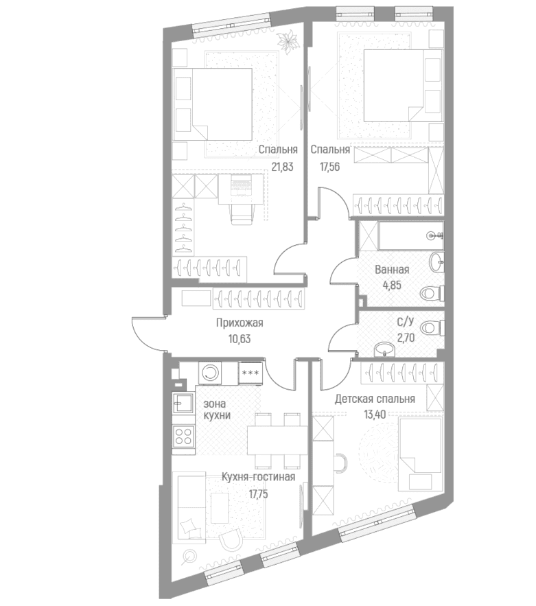 Планировка: 3-комнатная квартира 88,8 м² в ЖК «Эльйон»
