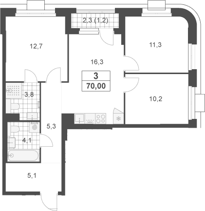 Планировка: Квартира евро-4 68,8 м² в ЖК «Южные сады»