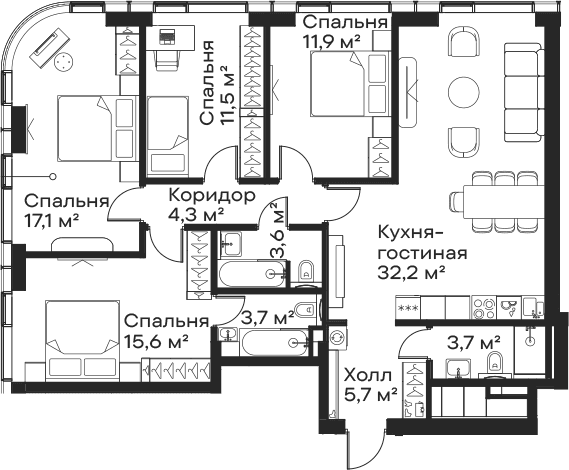 Планировка: Квартира евро-5 109,3 м² в ЖК «Сити Бэй»