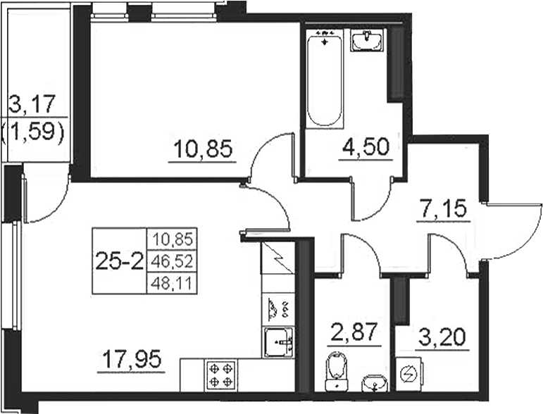 Планировка: Евродвушка 46,5 м² в ЖК «Поинт Токсово»