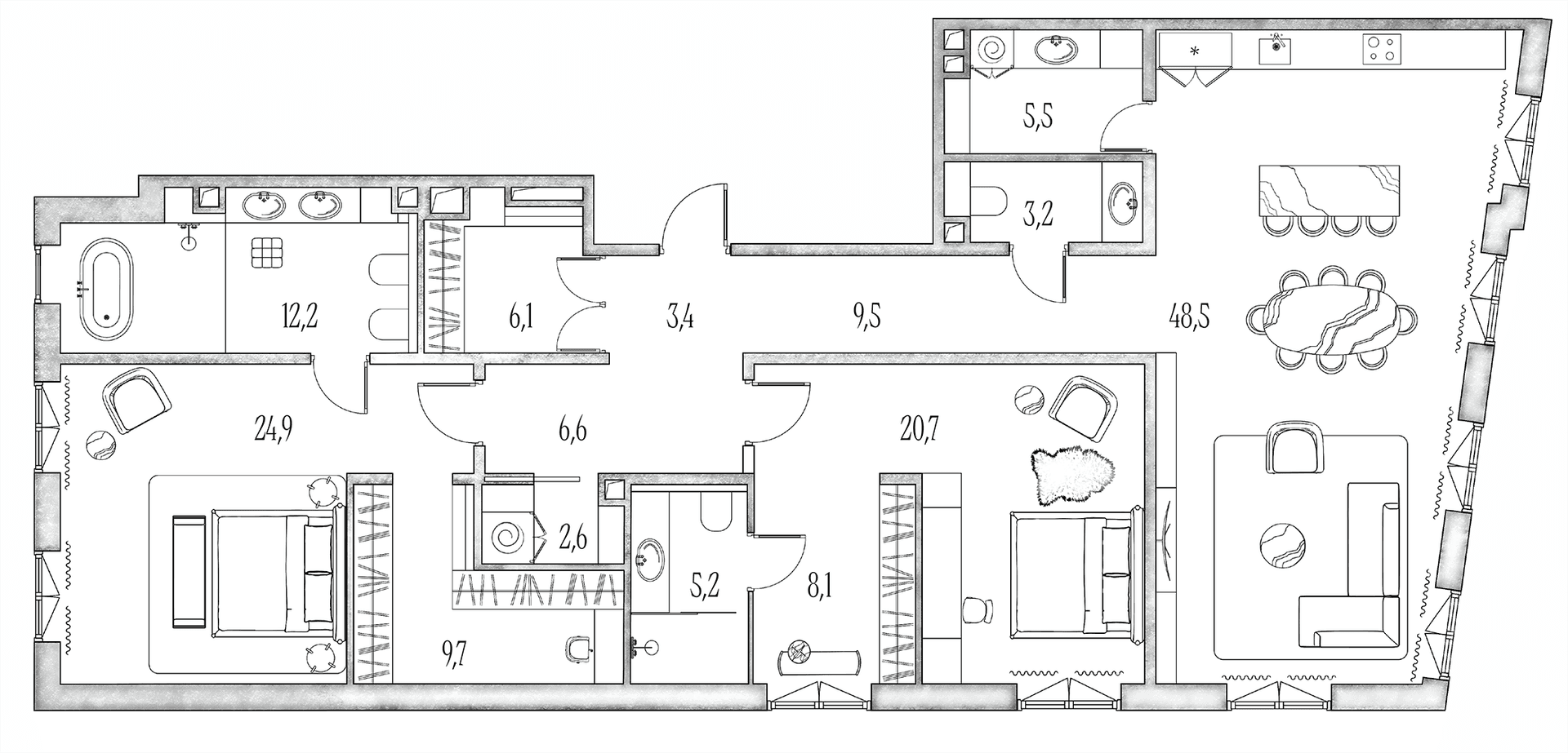 Планировка: Евротрёшка 170,1 м² в ЖК «Аннабель»