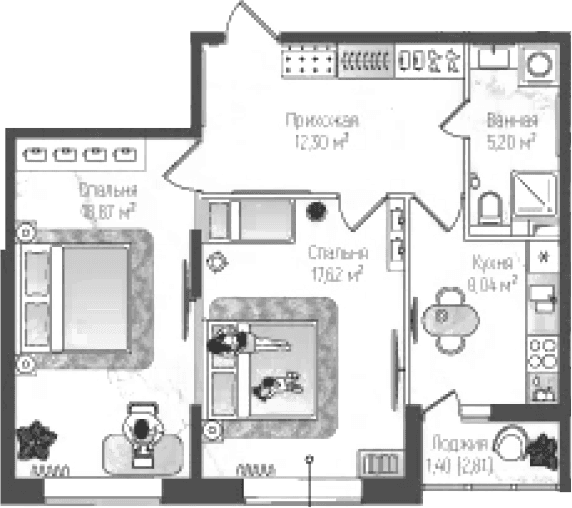 Планировка: 2-комнатная квартира 62,2 м² в ЖК «Рига Хиллс»