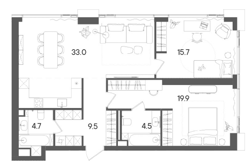 Планировка: Евротрёшка 88,4 м² в ЖК «СТОУН Грэйн»