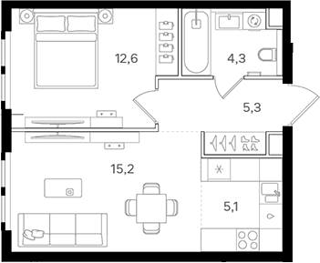 Планировка: Евродвушка 42,5 м² в ЖК «НАЗАРЕ»