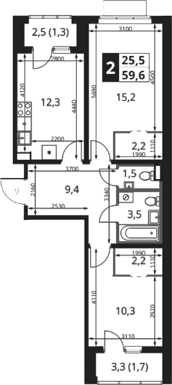 Планировка: 2-комнатная квартира 56,6 м² в ЖК «1-й Ясеневский»
