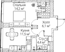 Планировка: 1-комнатная квартира 37,8 м² в ЖК «СЕЗАР БУДУЩЕЕ»