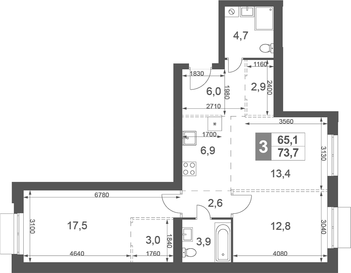 Планировка: Евротрёшка 73,7 м² в ЖК «Дубровицы Клаб»
